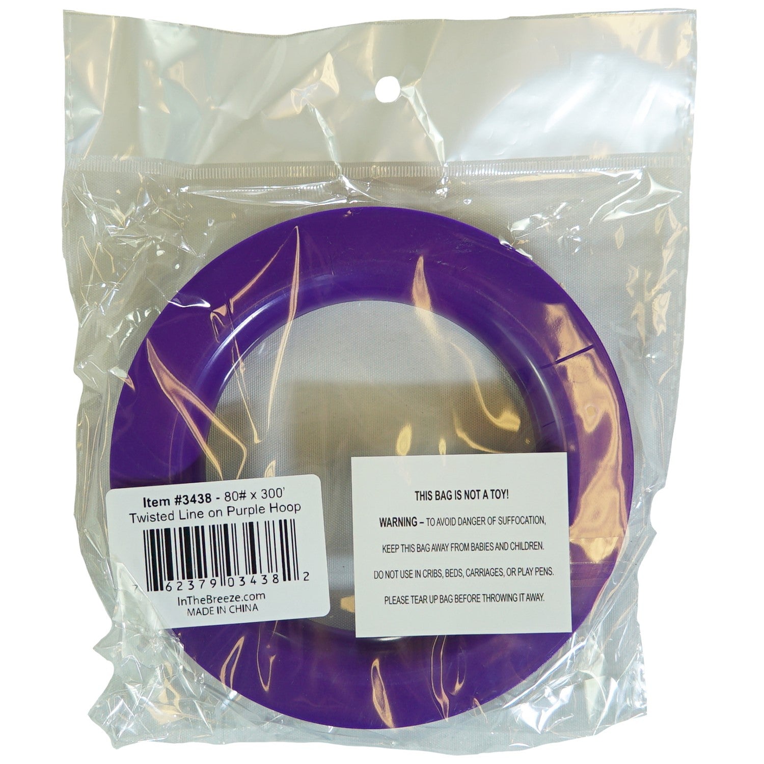 80 LB x 300' twisted polyester kite line on a purple plastic hoop, designed for easy handling and superior durability in outdoor conditions.