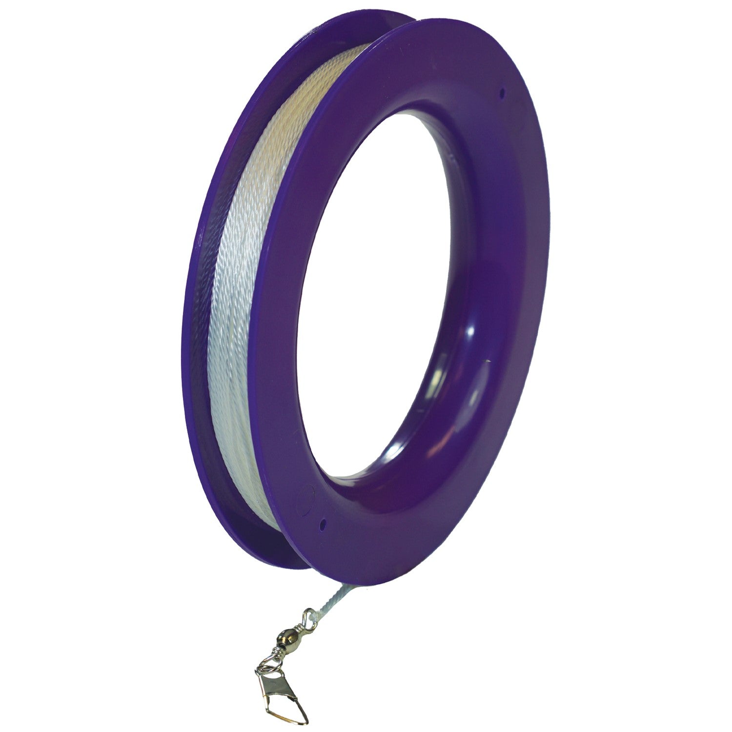 80 LB x 300' twisted polyester kite line on a purple plastic hoop, designed for easy handling and superior durability in outdoor conditions.