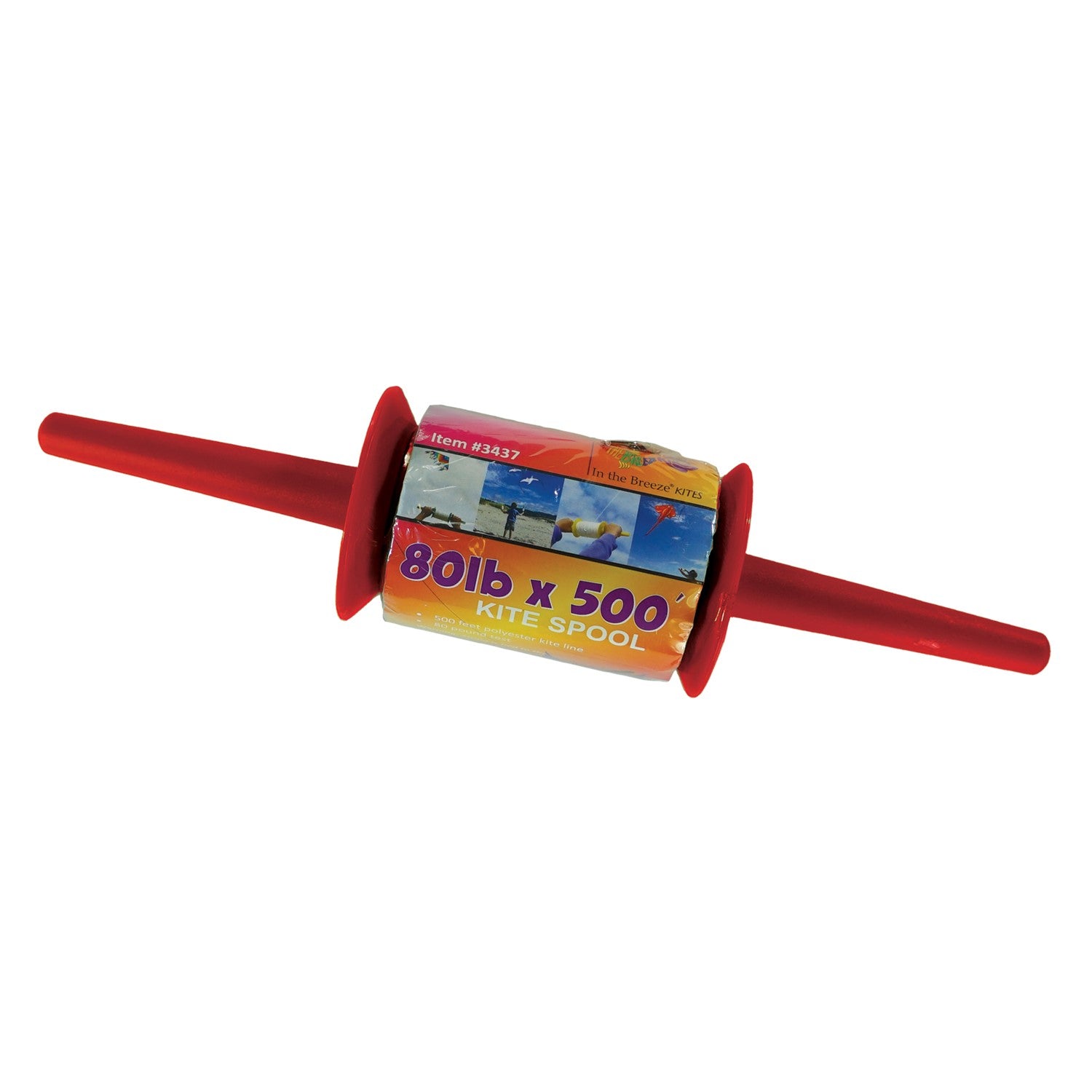 80 LB x 500' twisted kite line on a spool featuring vibrant colors and an attached snap swivel for easy kite connection.