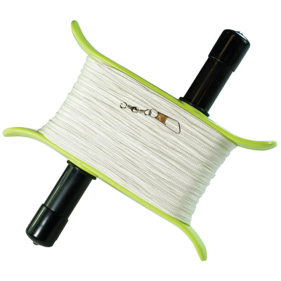 Green 80lb x 500' Braided Breezy WinderTM, featuring strong braided kite line, designed for effortless kite management and outdoor fun.