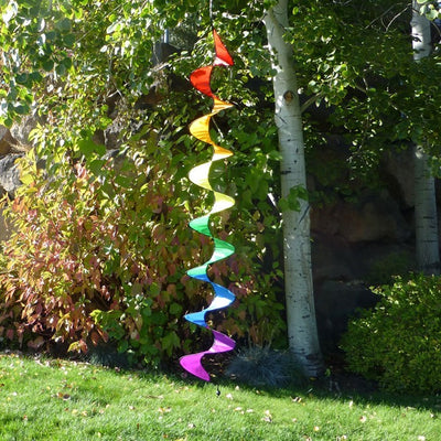 84-inch Rainbow Curlie outdoor decoration made from ripstop nylon, displaying bright colors that swirl in the breeze, perfect for gardens.