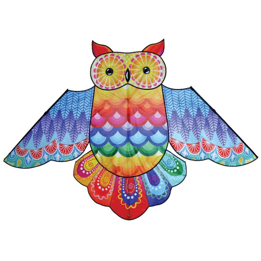 86 inch Rainbow Owl kite with vibrant multicolor wings, ripstop polyester sail, fiberglass frame, and 150 ft. of 90 lb. line. Includes vinyl case.