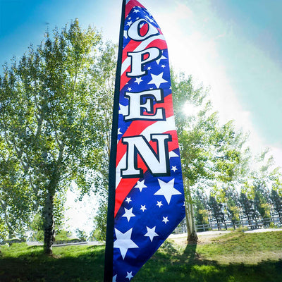 8' Heavy Duty Open Stars & Stripes Double-Sided Feather Banner showcasing vibrant colors of the American flag, displayed outdoors for maximum visibility.