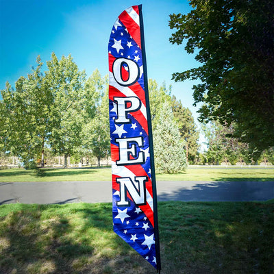 8' Heavy Duty Open Stars & Stripes Double-Sided Feather Banner showcasing vibrant colors of the American flag, displayed outdoors for maximum visibility.