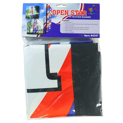 8' Heavy Duty Open Stars & Stripes Double-Sided Feather Banner showcasing vibrant colors of the American flag, displayed outdoors for maximum visibility.