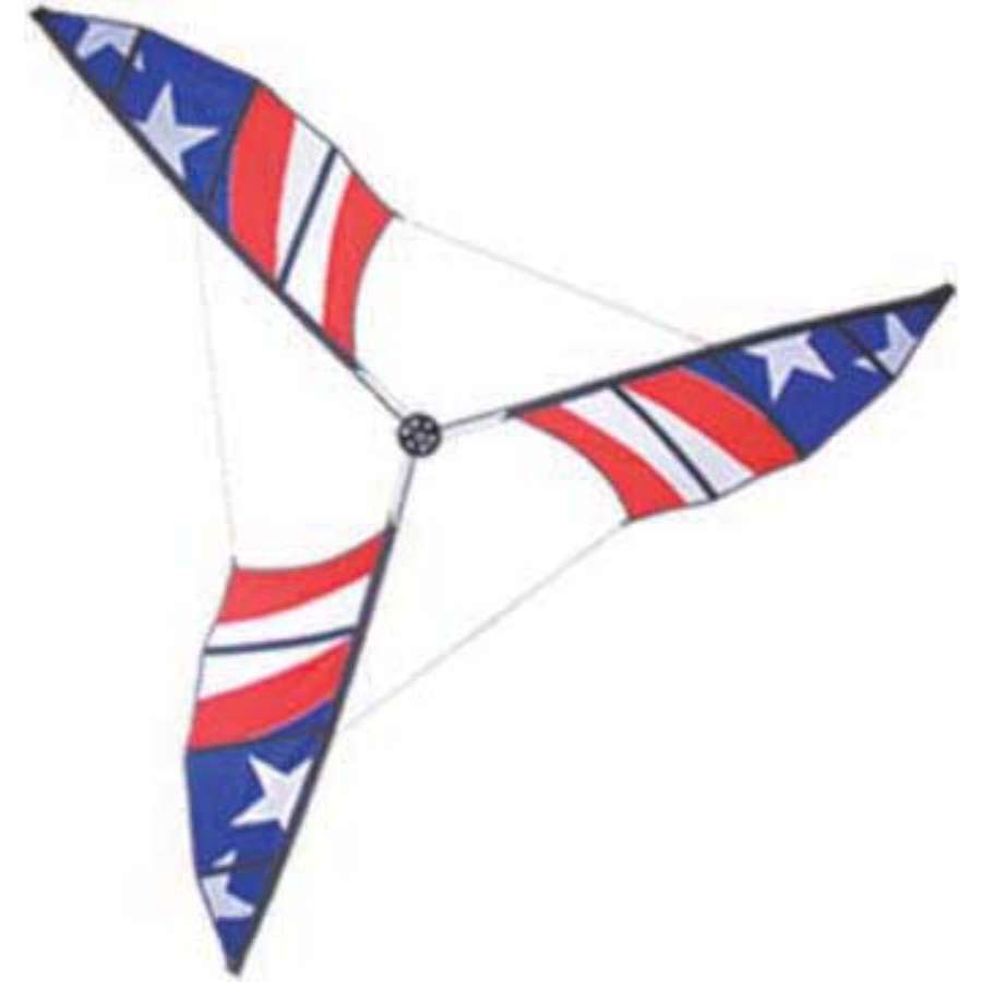 Colorful 9.5 ft. Wind Generator spinning elegantly in a garden, showcasing its patriotic design and durable aluminum mast.