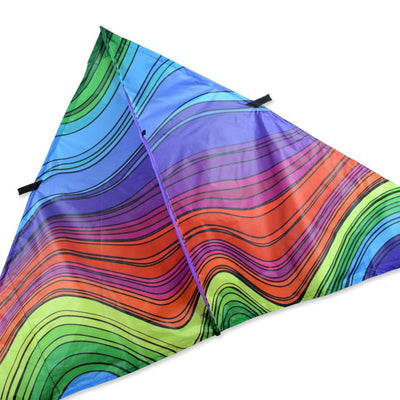 9 ft. Delta Kite - Electromagnetic Rainbow with vibrant colors soaring in the blue sky, framed by the sturdy fiberglass rods.