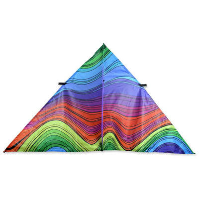 9 ft. Delta Kite - Electromagnetic Rainbow with vibrant colors soaring in the blue sky, framed by the sturdy fiberglass rods.