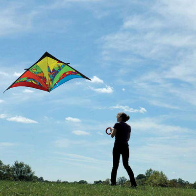 9 ft. Delta Kite - Rainbow Orbit soaring in a clear blue sky, showcasing its vibrant rainbow colors against the backdrop of a sunny day.