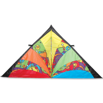 9 ft. Delta Kite - Rainbow Orbit soaring in a clear blue sky, showcasing its vibrant rainbow colors against the backdrop of a sunny day.