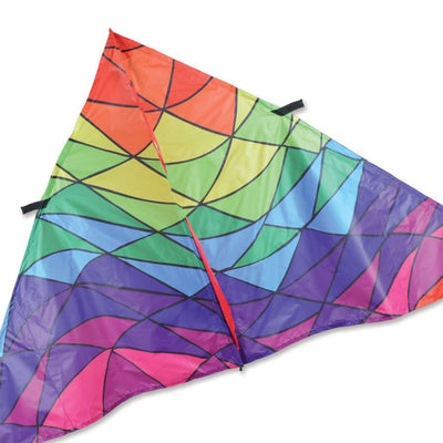 9 ft. Delta Kite featuring rainbow triangles flying against a clear blue sky, showcasing its colorful design and sturdy construction.