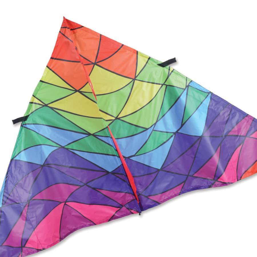 9 ft. Delta Kite featuring rainbow triangles flying against a clear blue sky, showcasing its colorful design and sturdy construction.
