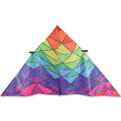 9 ft. Delta Kite featuring rainbow triangles flying against a clear blue sky, showcasing its colorful design and sturdy construction.
