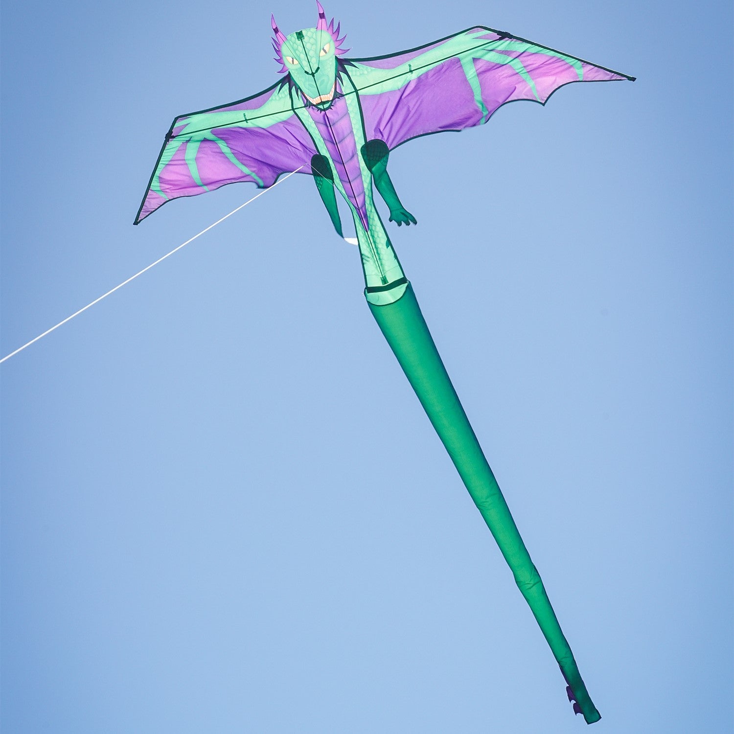 90" dragon kite featuring a vibrant dragon design soaring through the sky, complete with a long inflatable tail for stability and easy handling.