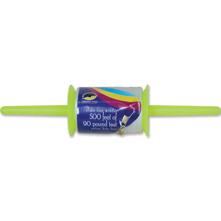 90 lb./500 ft. kite line and stake winder showing strong line and snap swivel, ideal for kite flying adventures in the outdoors.