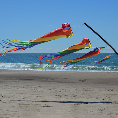96-inch Rainbow Spinsock hanging outdoors, displaying bright, colorful panels swirling in the breeze.