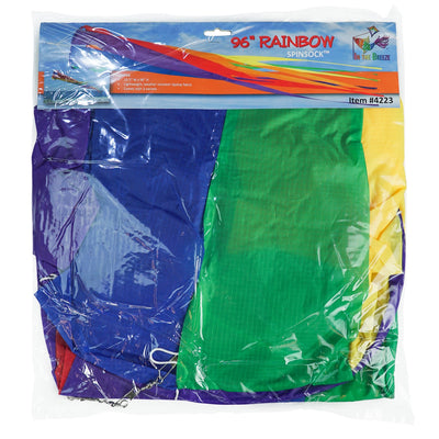 96-inch Rainbow Spinsock hanging outdoors, displaying bright, colorful panels swirling in the breeze.