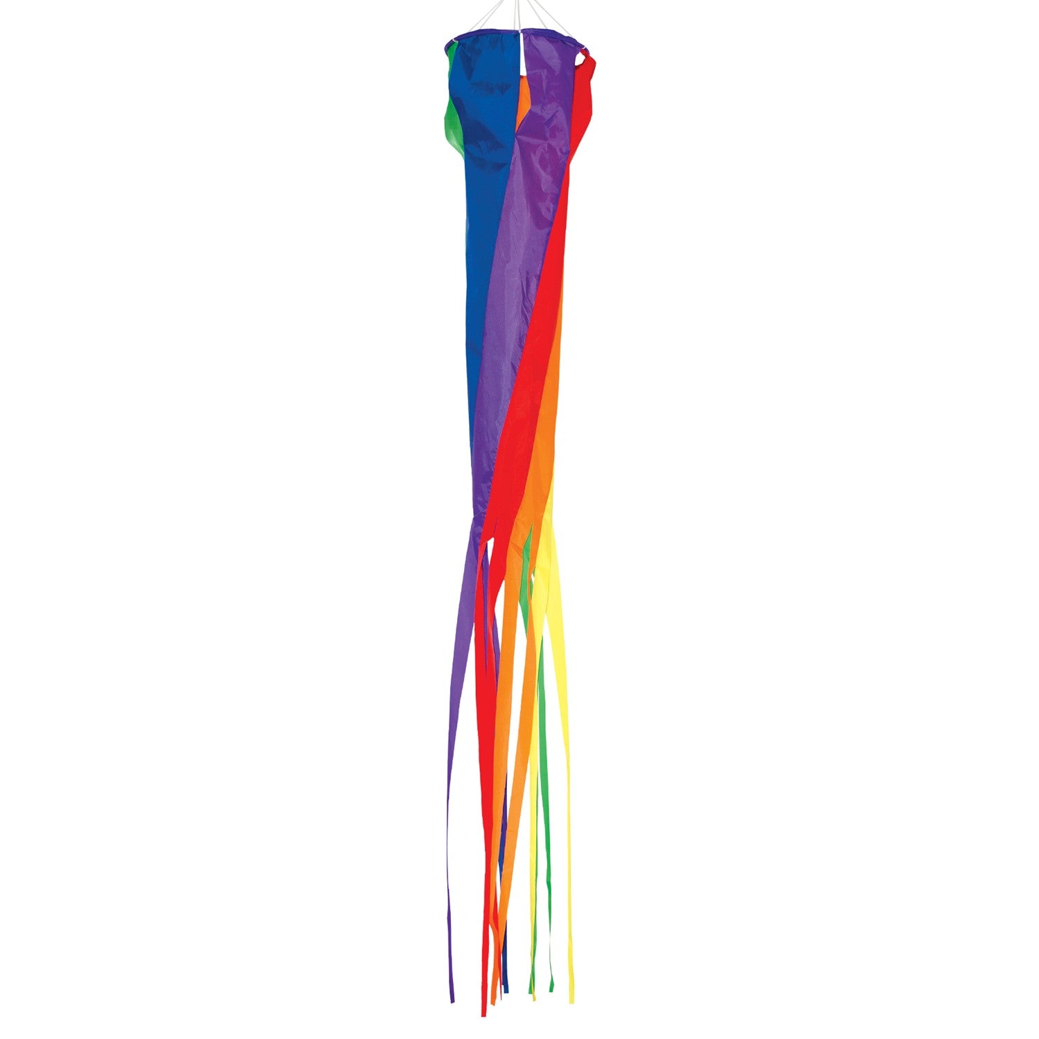 96-inch Rainbow Spinsock hanging outdoors, displaying bright, colorful panels swirling in the breeze.