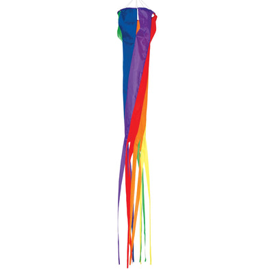 96-inch Rainbow Spinsock hanging outdoors, displaying bright, colorful panels swirling in the breeze.