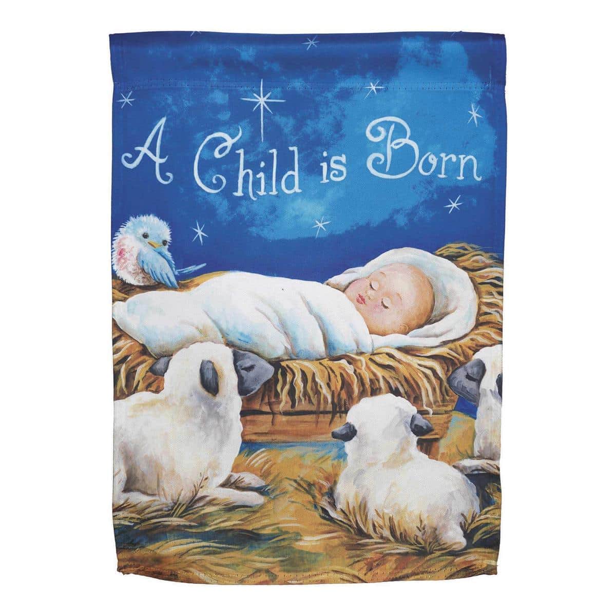 A Child Is Born 30x44 printed Christmas banner flag showing nativity scene with star, figures and decorative lettering on weather-resistant fabric for outdoor or indoor display.