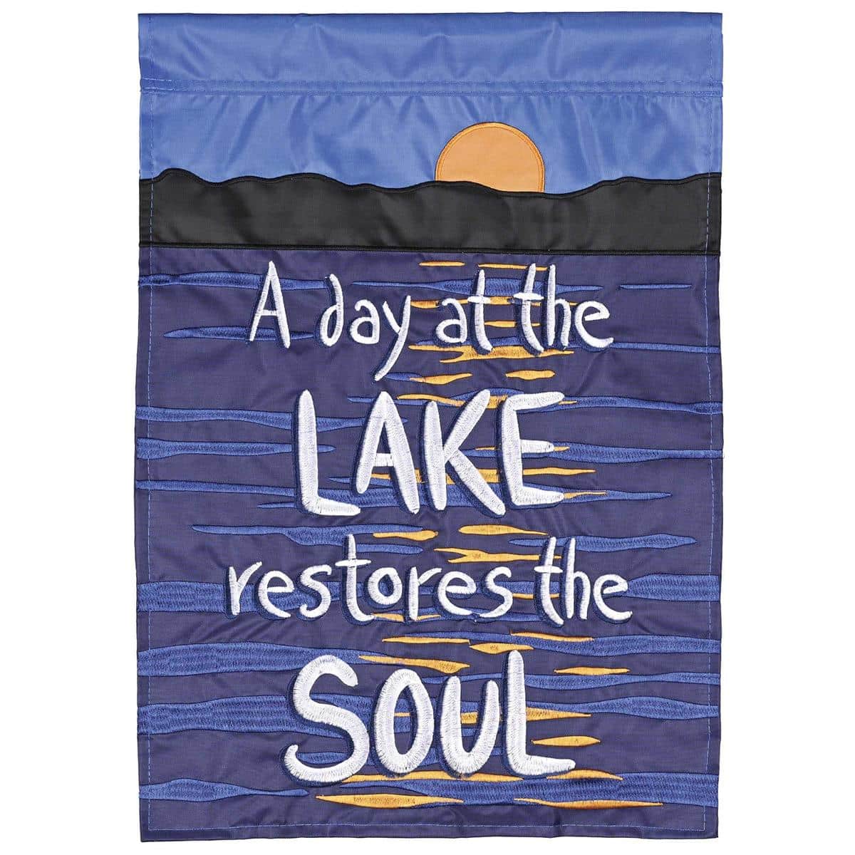 Waterfront double applique flag reading A Day At The Lake Restores with layered fabric art, lake scene accents, and a pole-sleeve ready header.