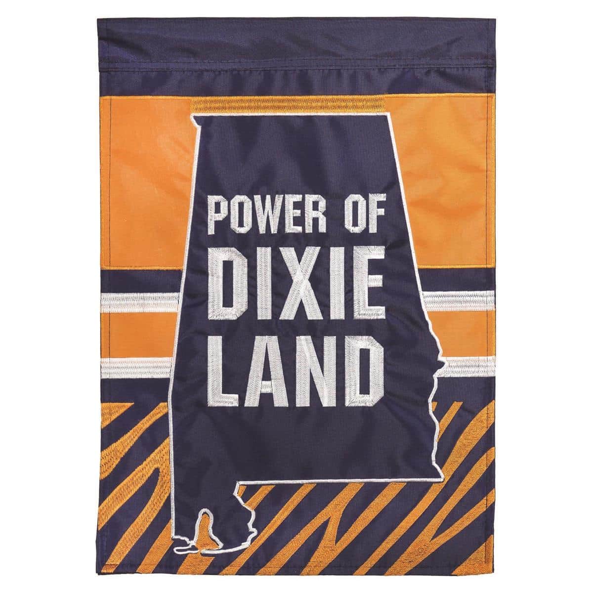 13x18 Alabama Dixieland double applique garden flag displayed on a black garden pole, showing rich applique layers, embroidered accents, and compact proportions against a lawn background.