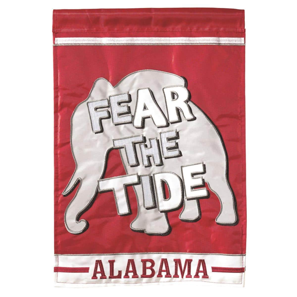 13x18 double applique garden flag showing Alabama Fear The Tide text and crimson accents mounted on a black metal garden pole in a residential yard setting.