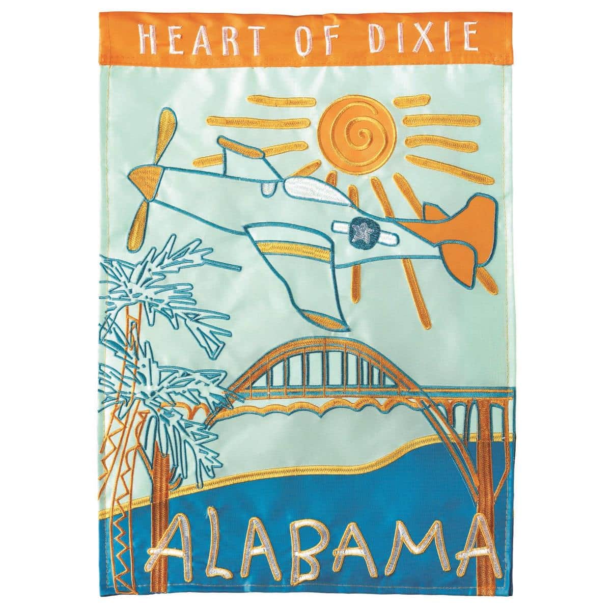 Double applique Alabama Heart Of Dixie 13x18 garden flag with layered stitching and crimson white accents on pole-ready sleeve in front yard.