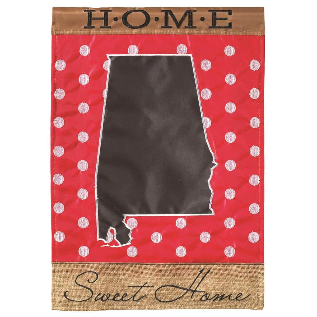 13x18 Alabama Home Sweet burlap garden flag with double applique detail, textured burlap-look fabric, reinforced header sleeve, warm farmhouse typography and subtle state accent for porch display