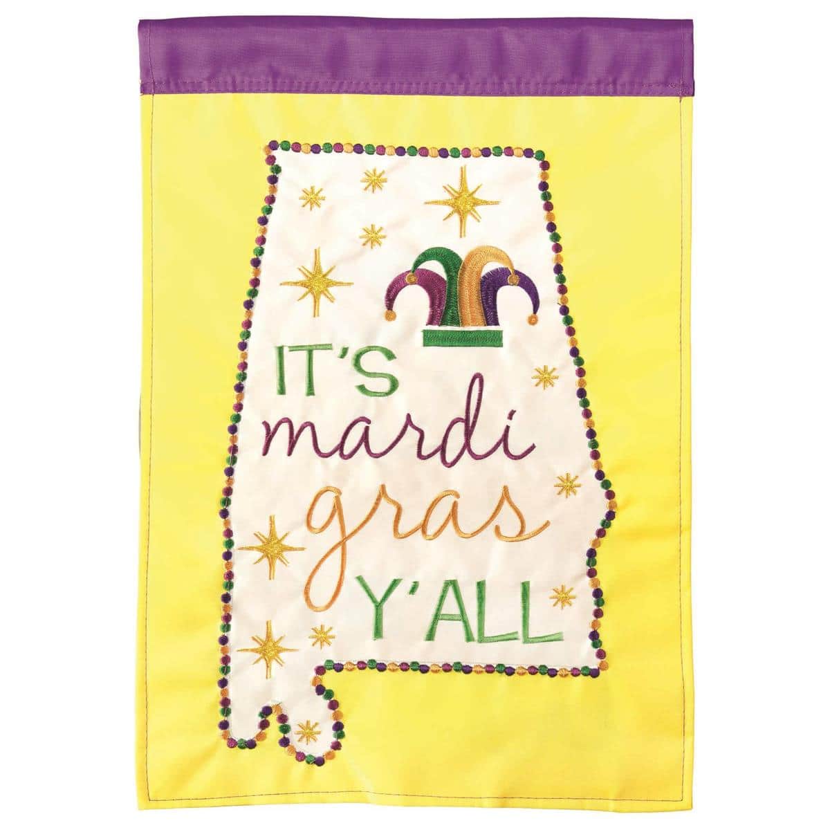 Alt text: 13x18 Alabama Mardi Gras double applique garden flag with purple green and gold mask and state silhouette hanging on a yard flagpole.