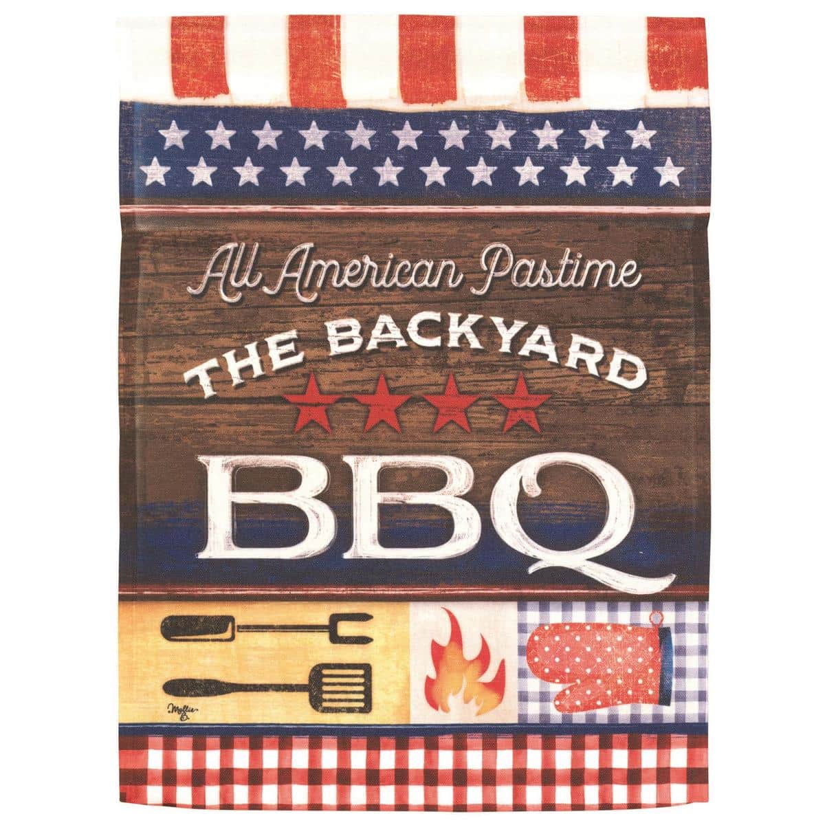 13x18 All American Pastime garden flag showing vintage baseball glove, bat, ball and American flag motif in patriotic red white and blue printed on durable polyester fabric for outdoor display.