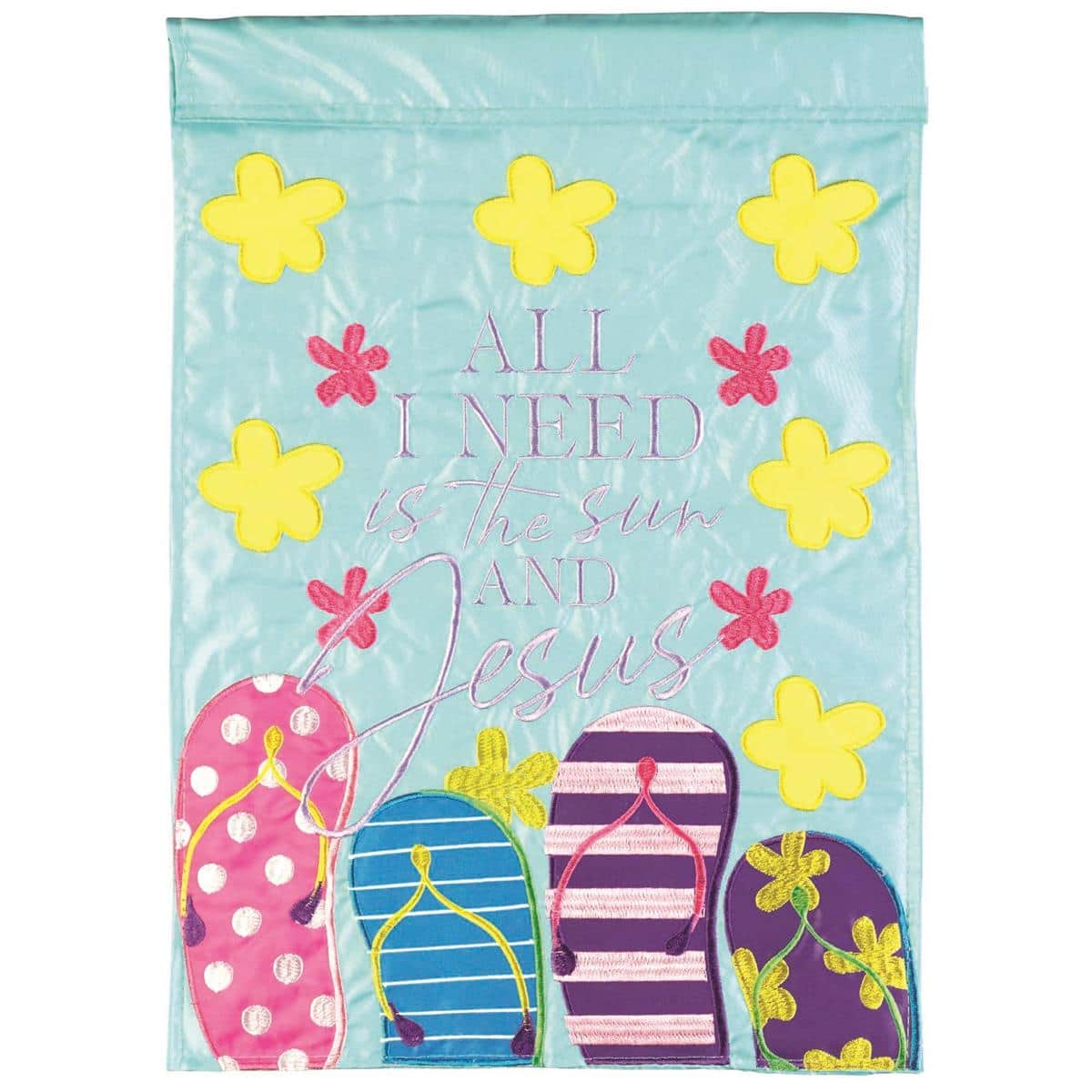 Summer double applique 13x18 garden flag featuring a bright sun quote on both sides, shown on a standard stand beside colorful flowers
