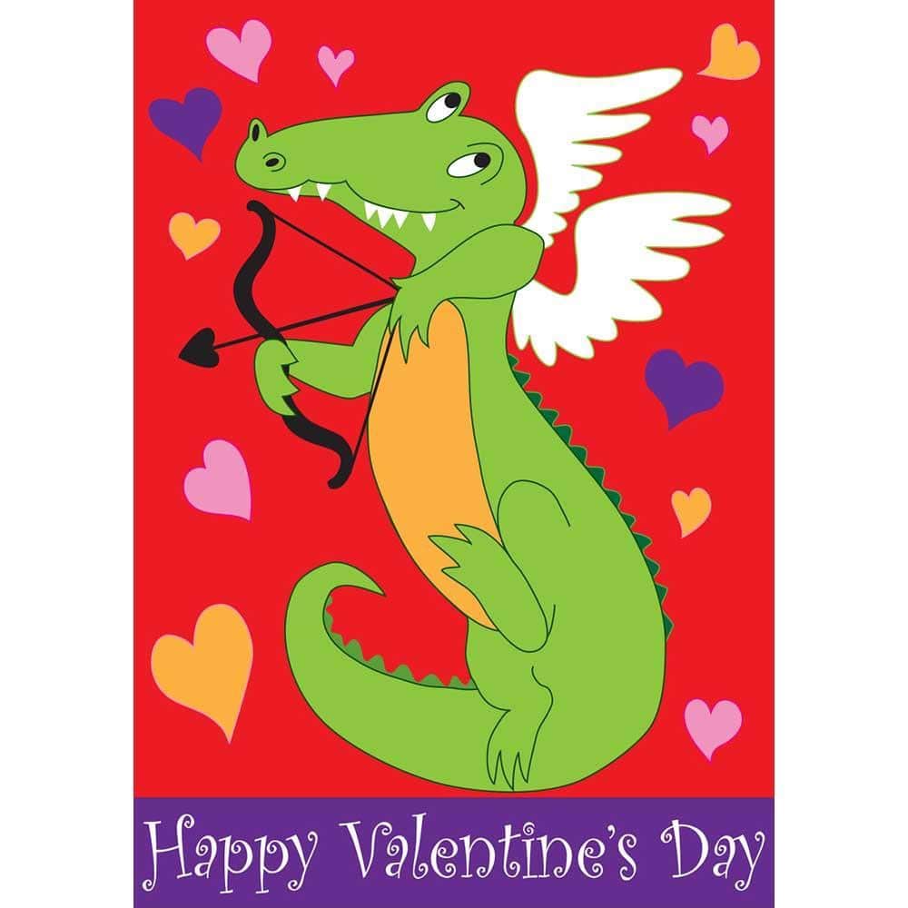 13x18 Alligator Cupid double applique garden flag with playful Cupid alligator holding arrow and heart, layered fabric textures and reinforced stitching for outdoor porch and garden display.