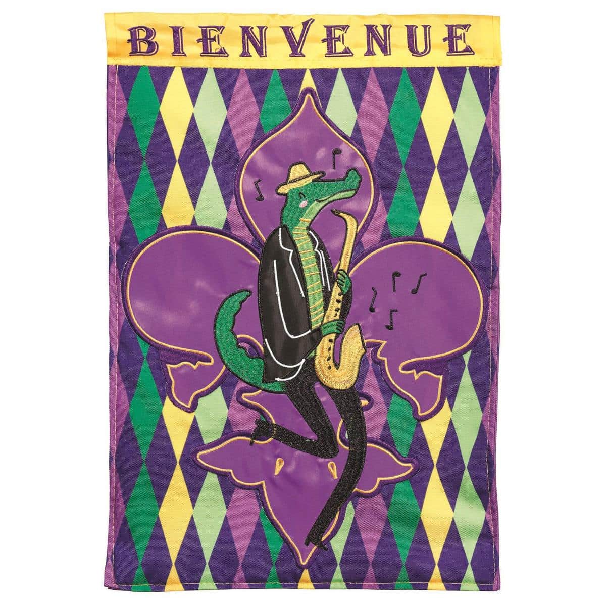 13x18 Alligator Fleur-De-Lis Mardi Gras garden flag image showing layered double-applique-plus detail, purple green and gold color palette, reinforced hem and sleeve ready for garden pole display
