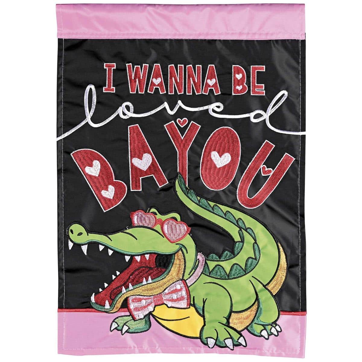 Alligator I Wanna Be Loved 13x18 double applique Valentines garden flag with hearts and playful gator, layered fabric and stitching on a standard yard stand