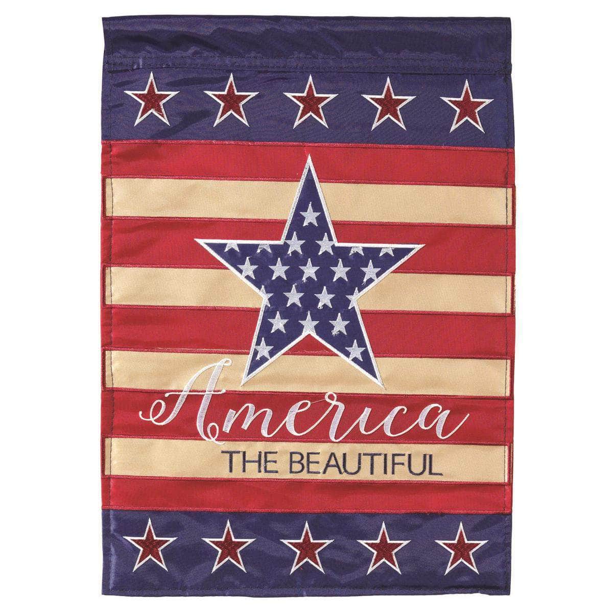 America The Beautiful Garden Flag with double-thickness design, intricate applique stitching, and durable nylon construction for patriotic outdoor décor.