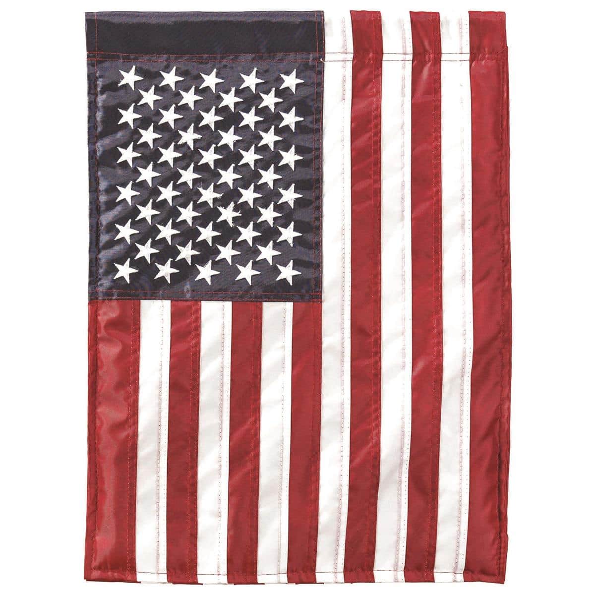 Narrow 5x18 patriotic garden flag with stitched stars and stripes, single-applique design, top sleeve for standard mini pole, displayed outdoors by potted flowers