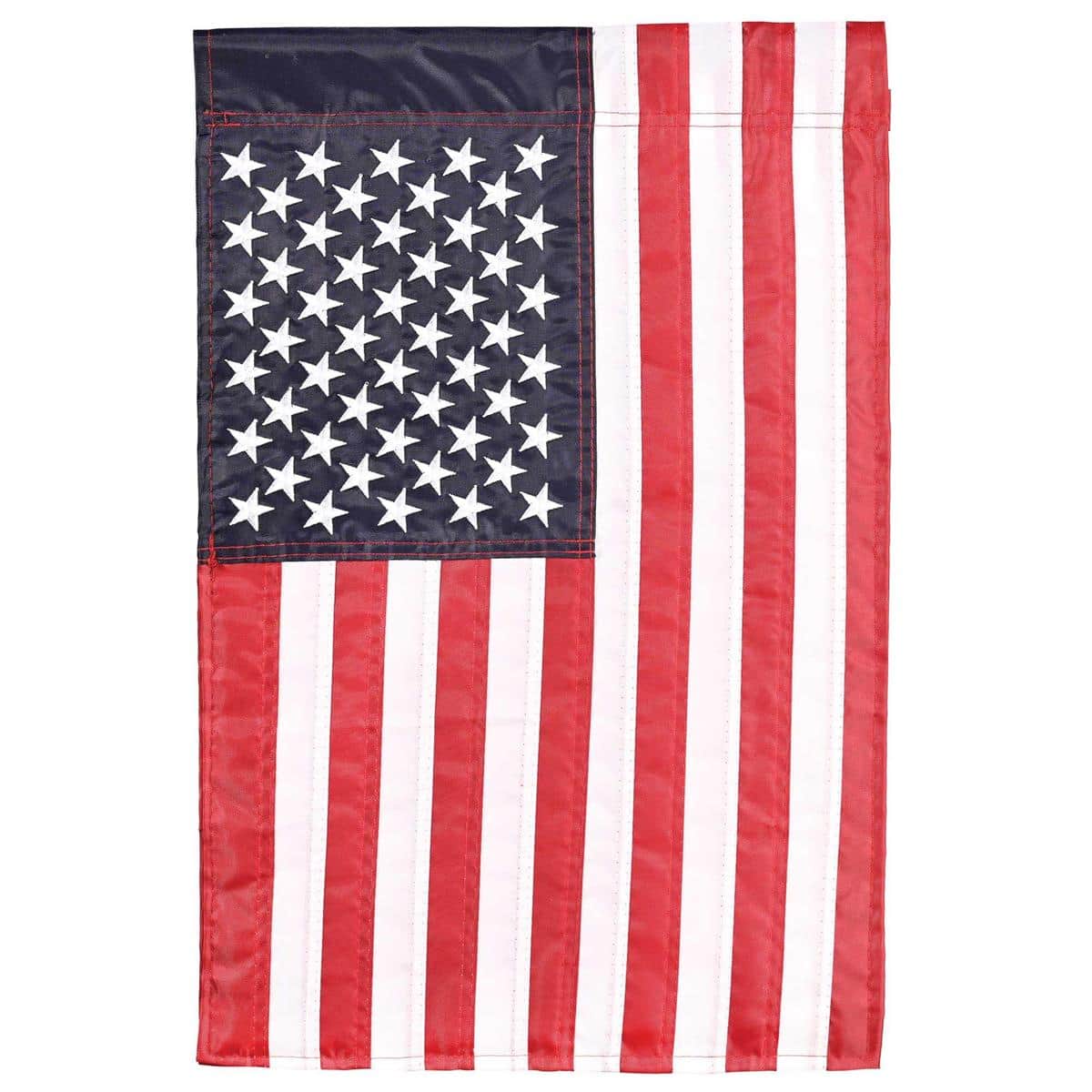 American 13x18 patriotic garden flag with double applique stars and stripes displayed on a front porch garden flag pole, shown against greenery and brick for scale and presentation.