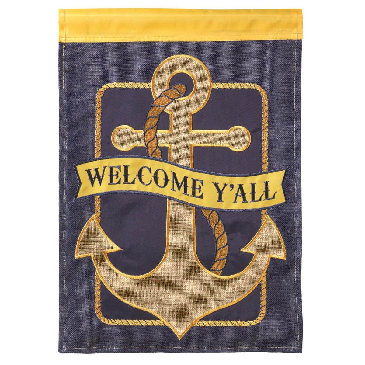 Coastal anchor banner flag 29x42 burlap with double applique "Welcome Yall" displayed on a porch railing in a waterfront setting.