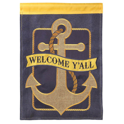 Coastal anchor banner flag 29x42 burlap with double applique "Welcome Yall" displayed on a porch railing in a waterfront setting.
