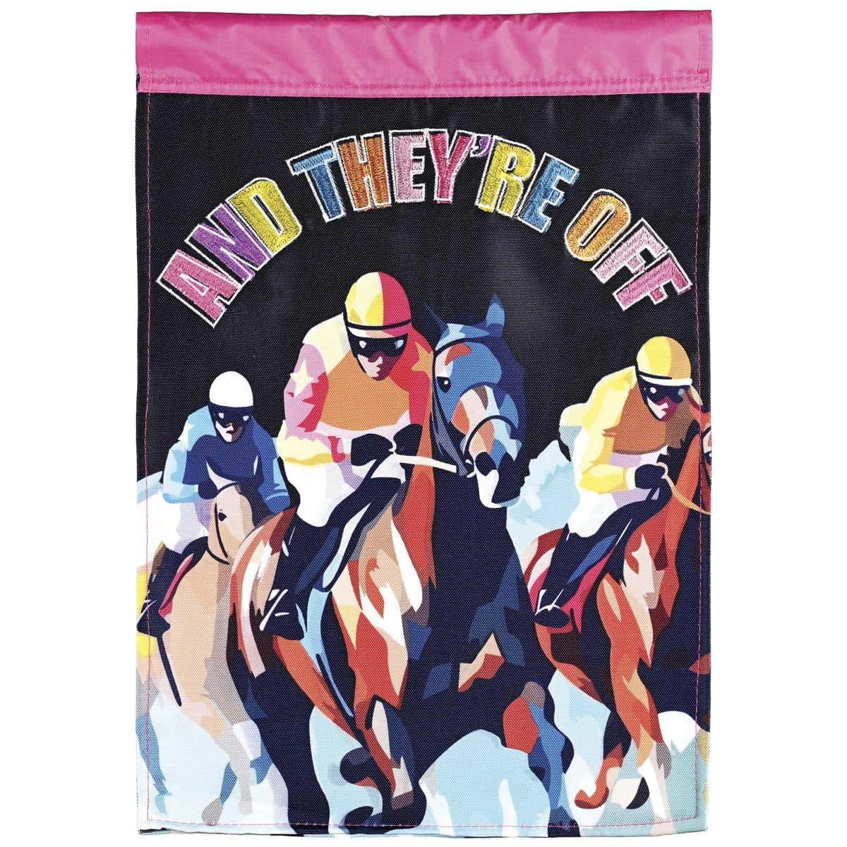 13x18 And They're Off derby garden flag in double applique, layered racehorses and bold silks, outdoor-ready, displayed on a standard garden flag stand