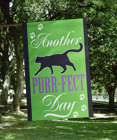 Whimsical 29x42 double applique banner flag featuring a cheerful cat motif with layered fabric textures and detailed stitching for porch or indoor display.