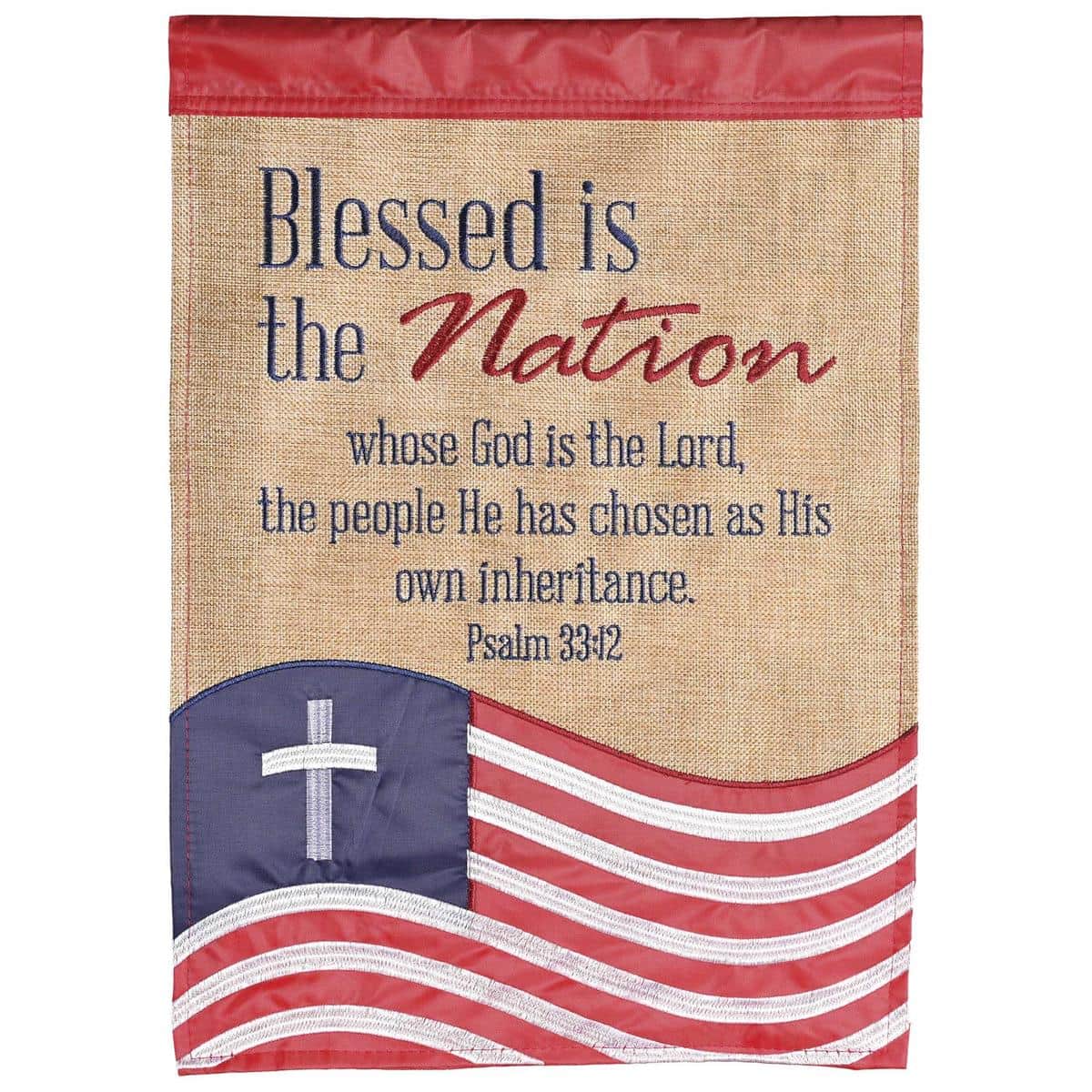 13x18 Blessed Nation garden flag with double applique stars and stripes, bold 'Blessed Nation' wording on durable weather-resistant polyester, fits standard garden flag stand.