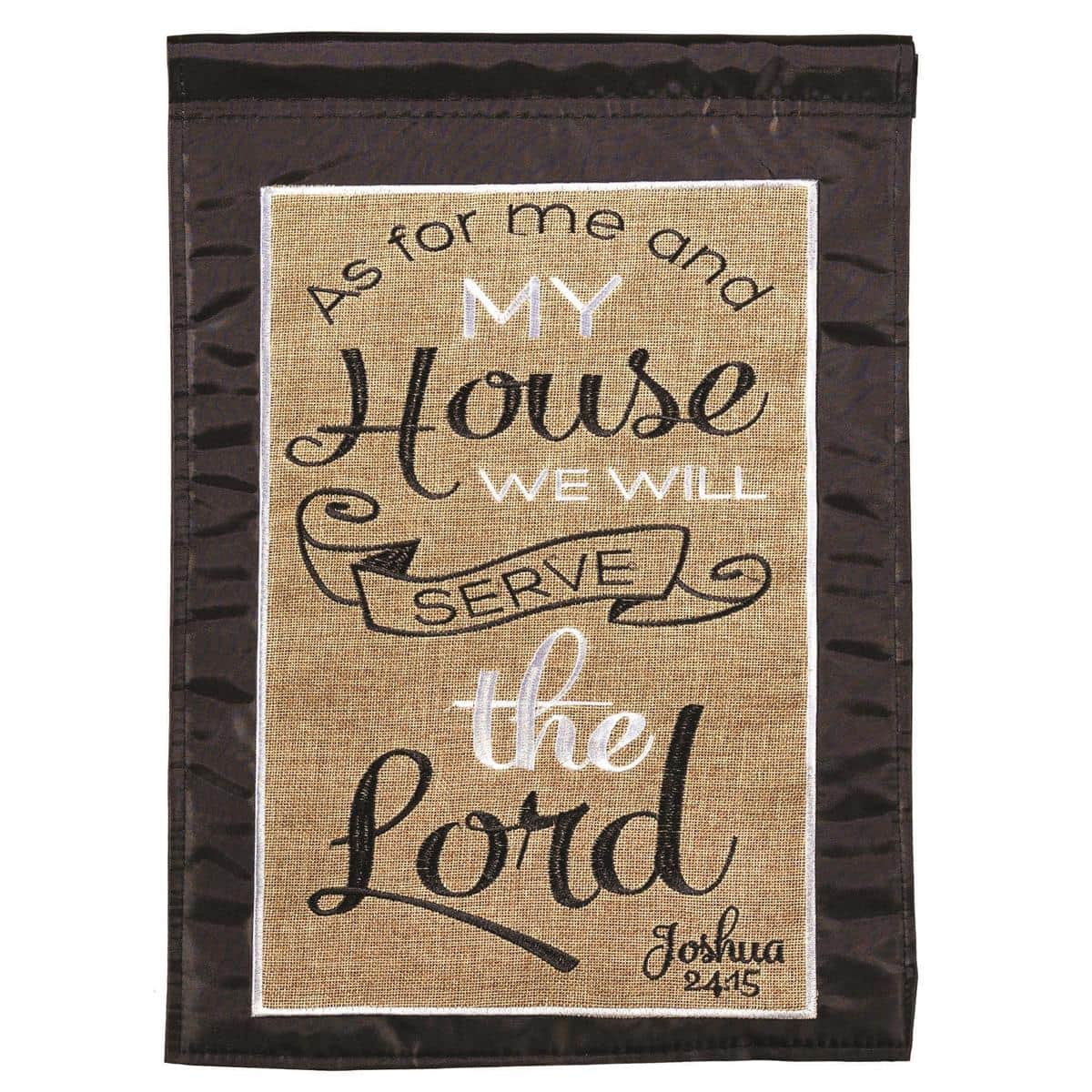 13x18 As For Me And My Burlap Garden Flag with double-applique inspirational script on rustic burlap-style fabric displayed on a garden flag pole.