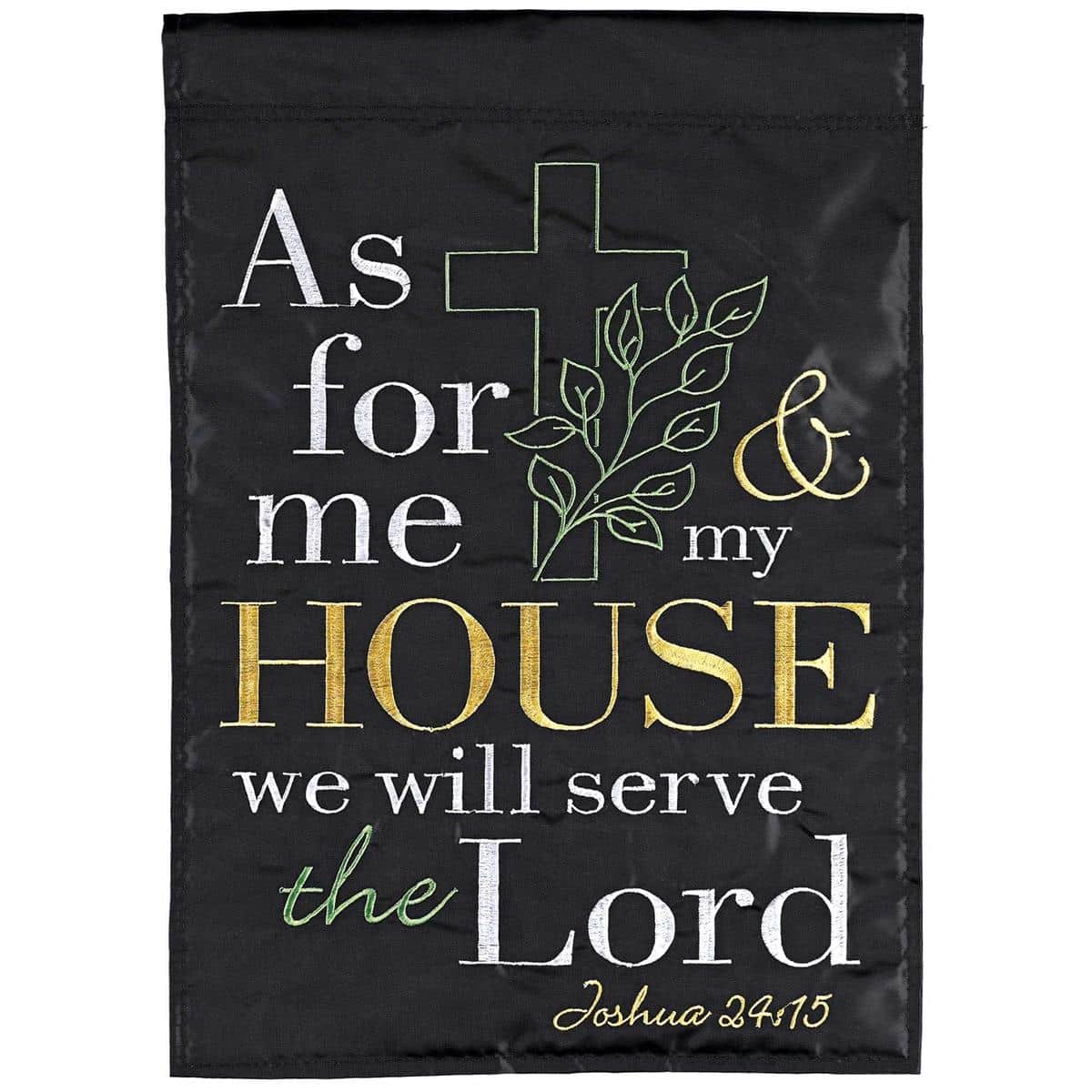 13x18 As For Me And My House garden flag double applique scripture design displayed on a metal garden flag pole in a residential front yard setting