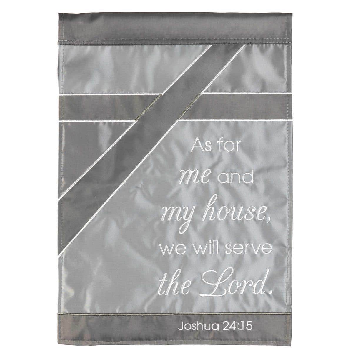 Close-up image of the 13x18 double applique garden flag reading "As For Me & My House" showing layered fabric appliques, stitched edges, classic script lettering, and reinforced sleeve for a garden pole.