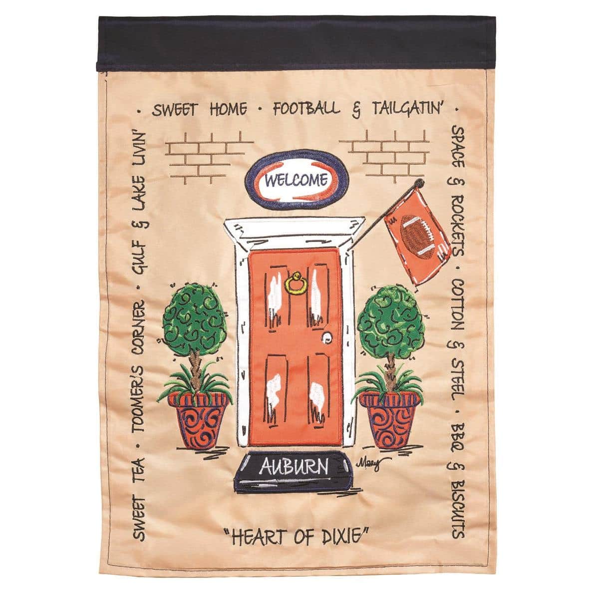 13x18 Auburn front door garden flag in Alabama style, double applique construction on sturdy fabric, shown on a standard stand with clean stitched edges.