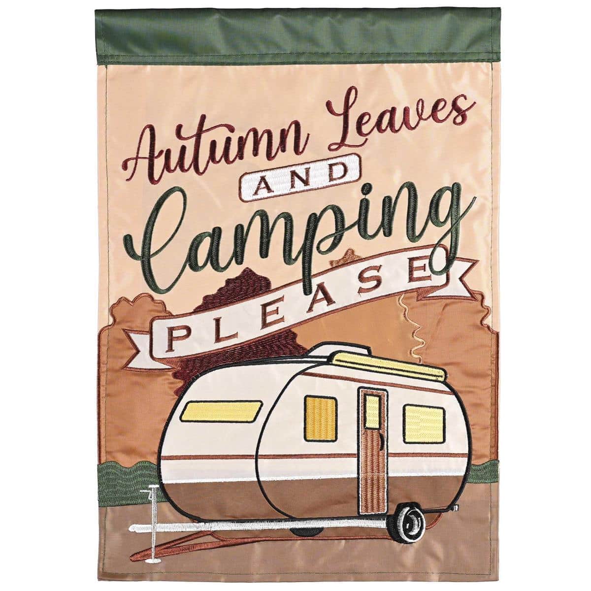 Autumn Leaves And Camping outdoor flag showing layered double applique fall leaves, tent silhouette, and campfire motif in warm oranges and browns on a garden pole.