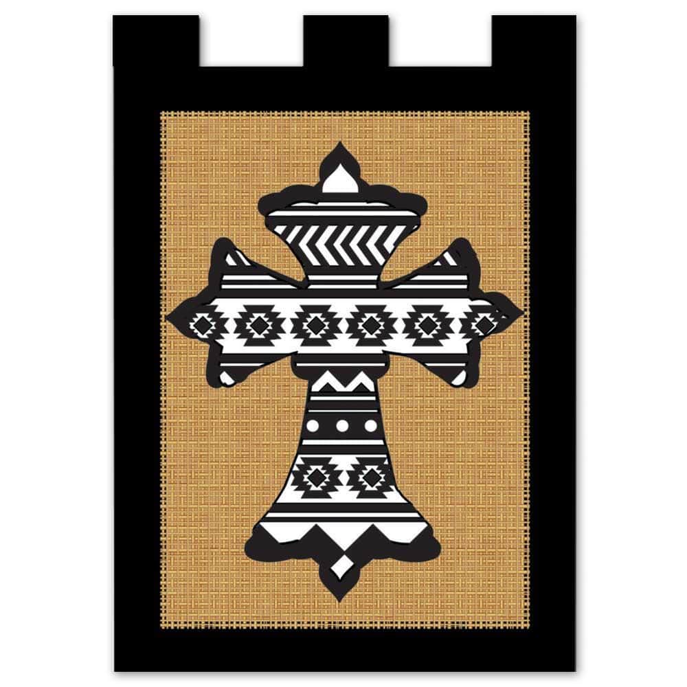 13x18 burlap garden flag featuring an Aztec inspired cross in earthy tones, double applique layers with textured burlap background shown on a yard flag pole