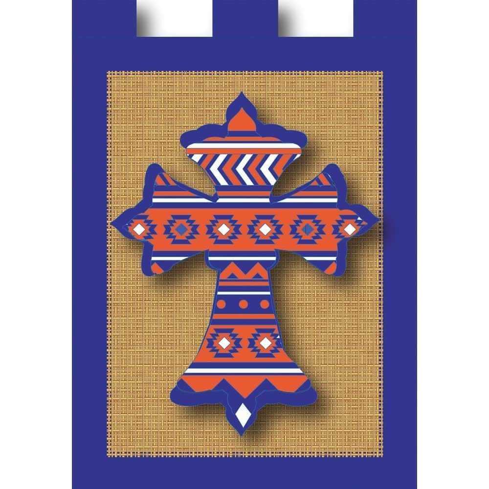 Close up of Aztec cross pattern in orange and blue on a 13x18 double applique garden flag, two sided and durable, displayed on a standard outdoor flag stand.